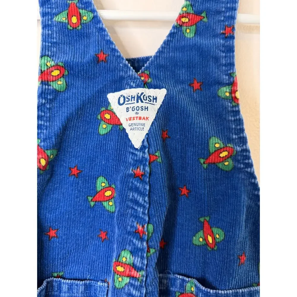 VTG OshKosh B’Gosh Vestbak Rocket Print Corduroy Overalls 24M EUC USA Rare 80s